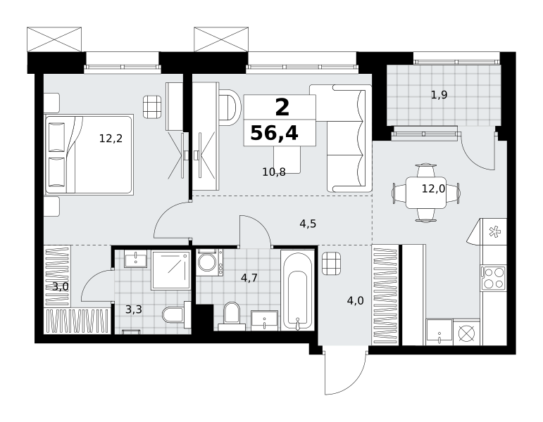Планировка 2-комнатная квартира в ЖК "Дзен-кварталы"