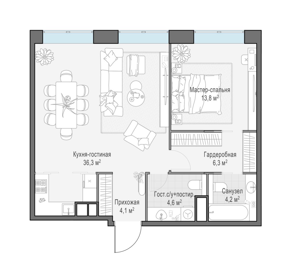 Планировка 3-комнатная квартира в ЖК West Garden (Вест Гарден)