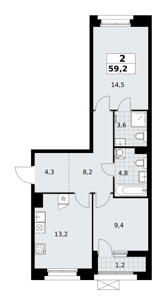Планировка 2-комнатная квартира в ЖК "Прокшино"