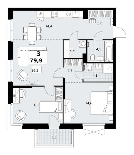 Планировка 3-комнатная квартира в ЖК "Дзен-кварталы"