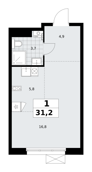 Планировка 1-комнатная квартира в ЖК "Прокшино"