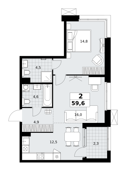 Планировка 2-комнатная квартира в ЖК "Дзен-кварталы"