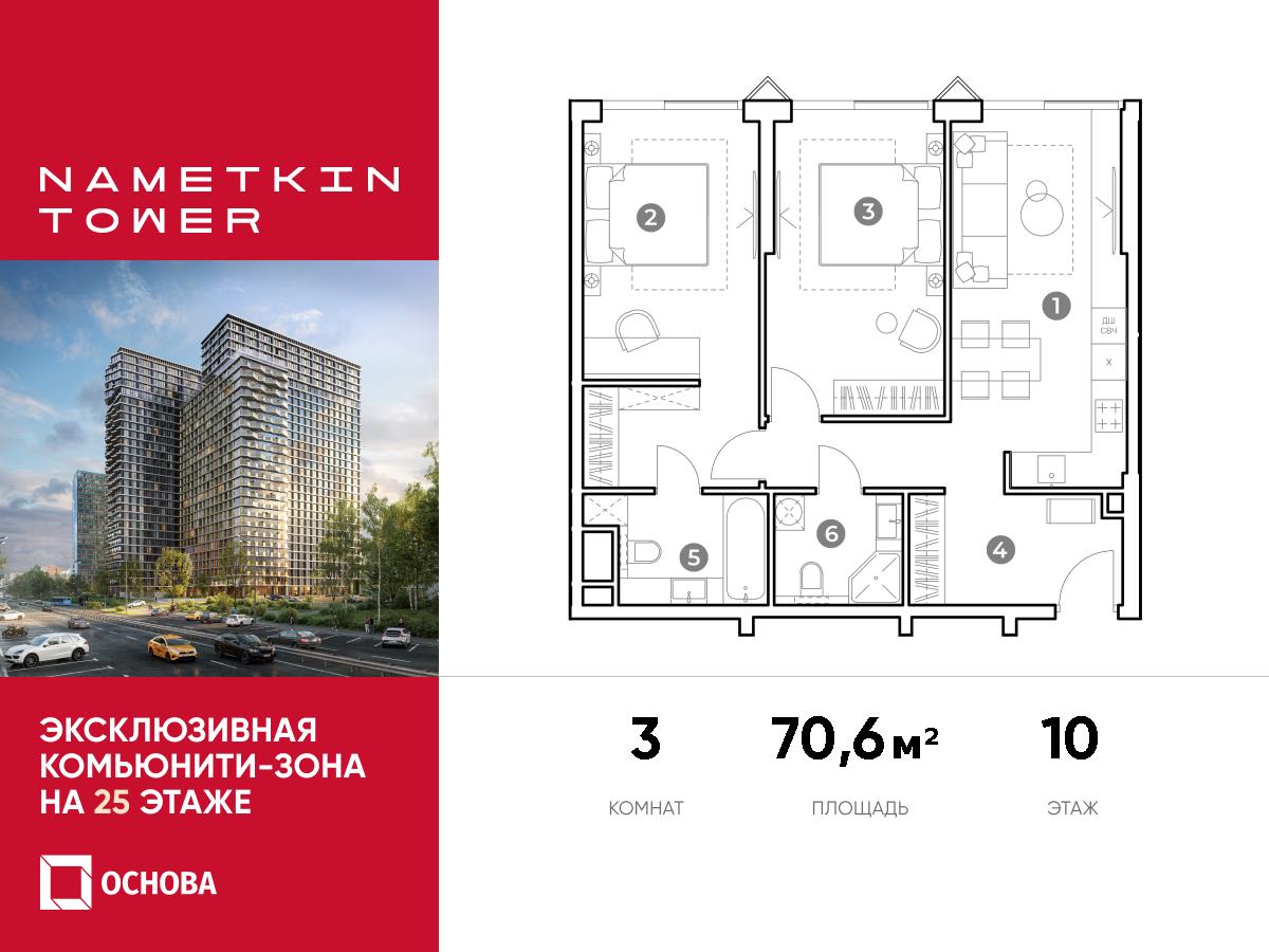 Планировка 3-комнатная квартира в ЖК Nametkin Tower (Наметкин Тауэр)