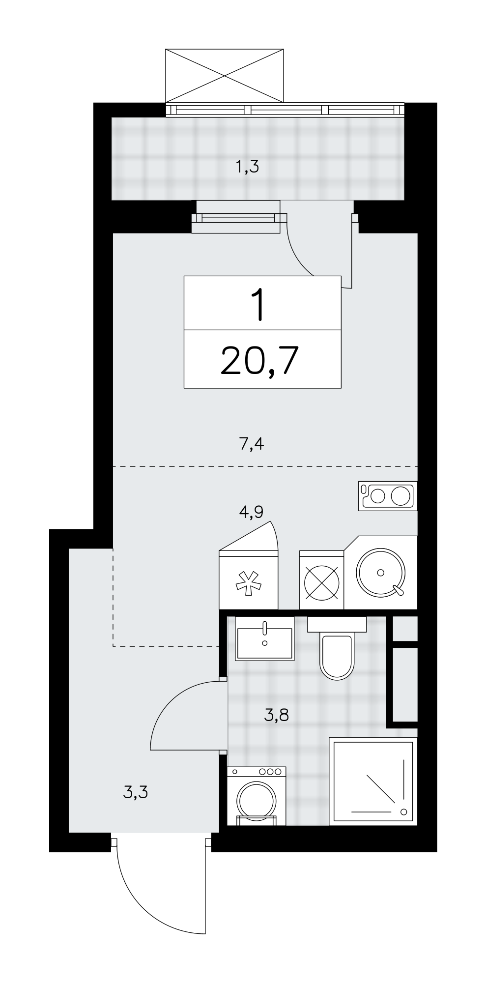 Планировка 1-комнатная квартира в ЖК "Прокшино"