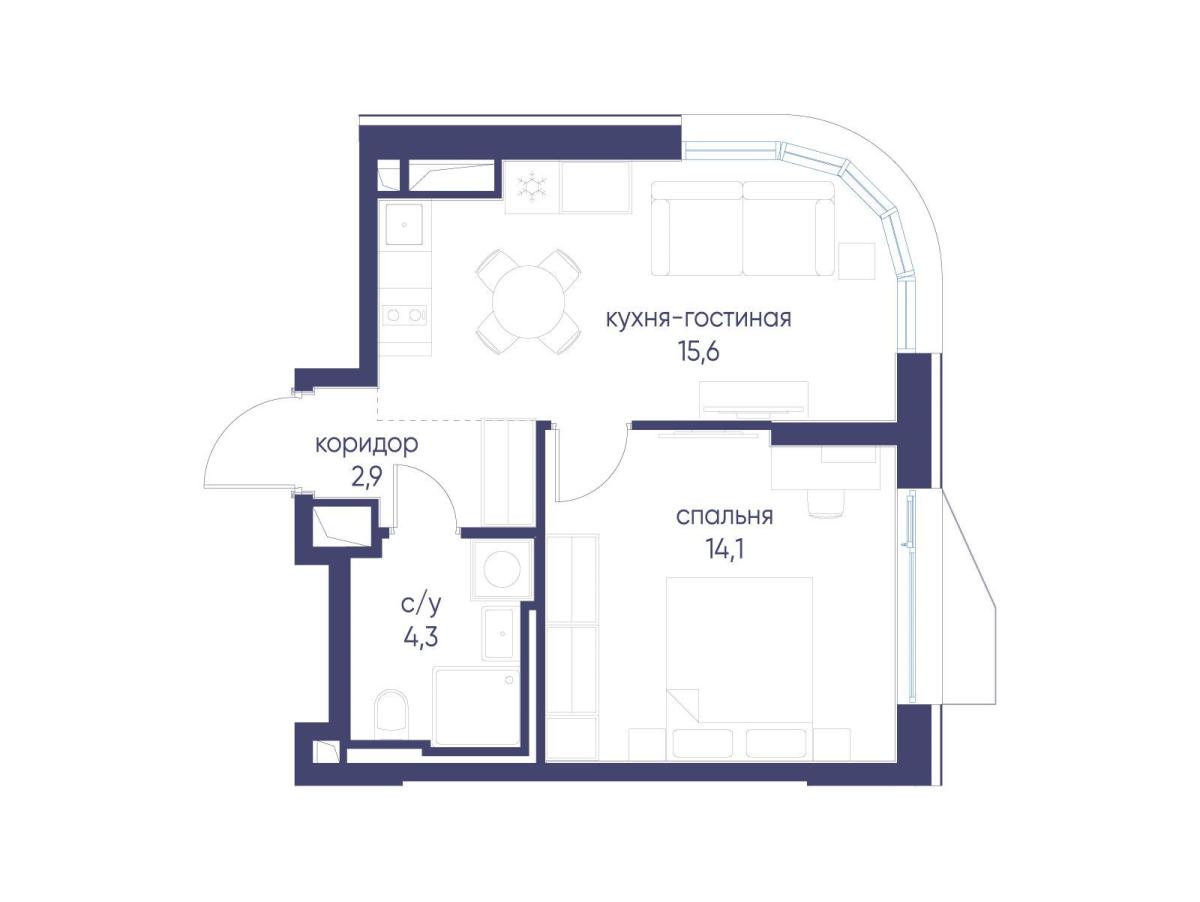 Планировка 1-комнатная квартира в ЖК "Символ"