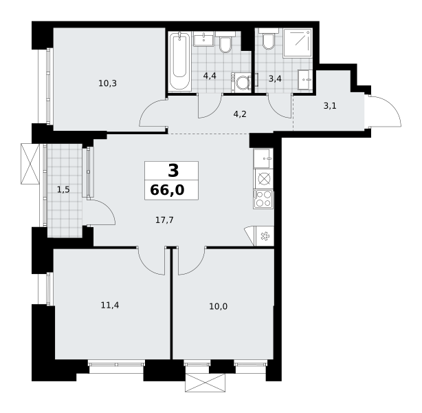 Планировка 3-комнатная квартира в ЖК "Прокшино"
