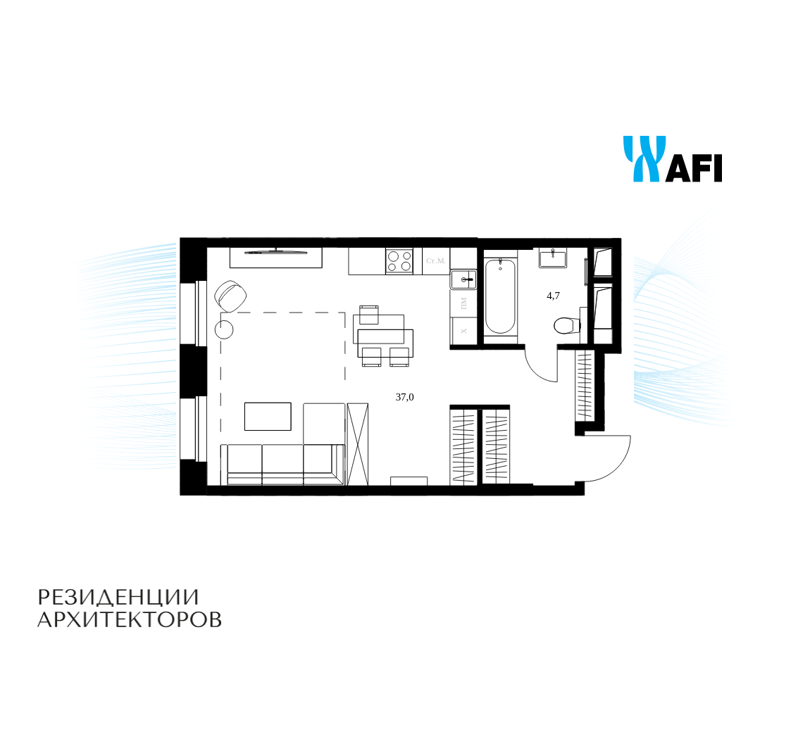 Планировка 1-комнатная квартира в ЖК "Резиденции Архитекторов"