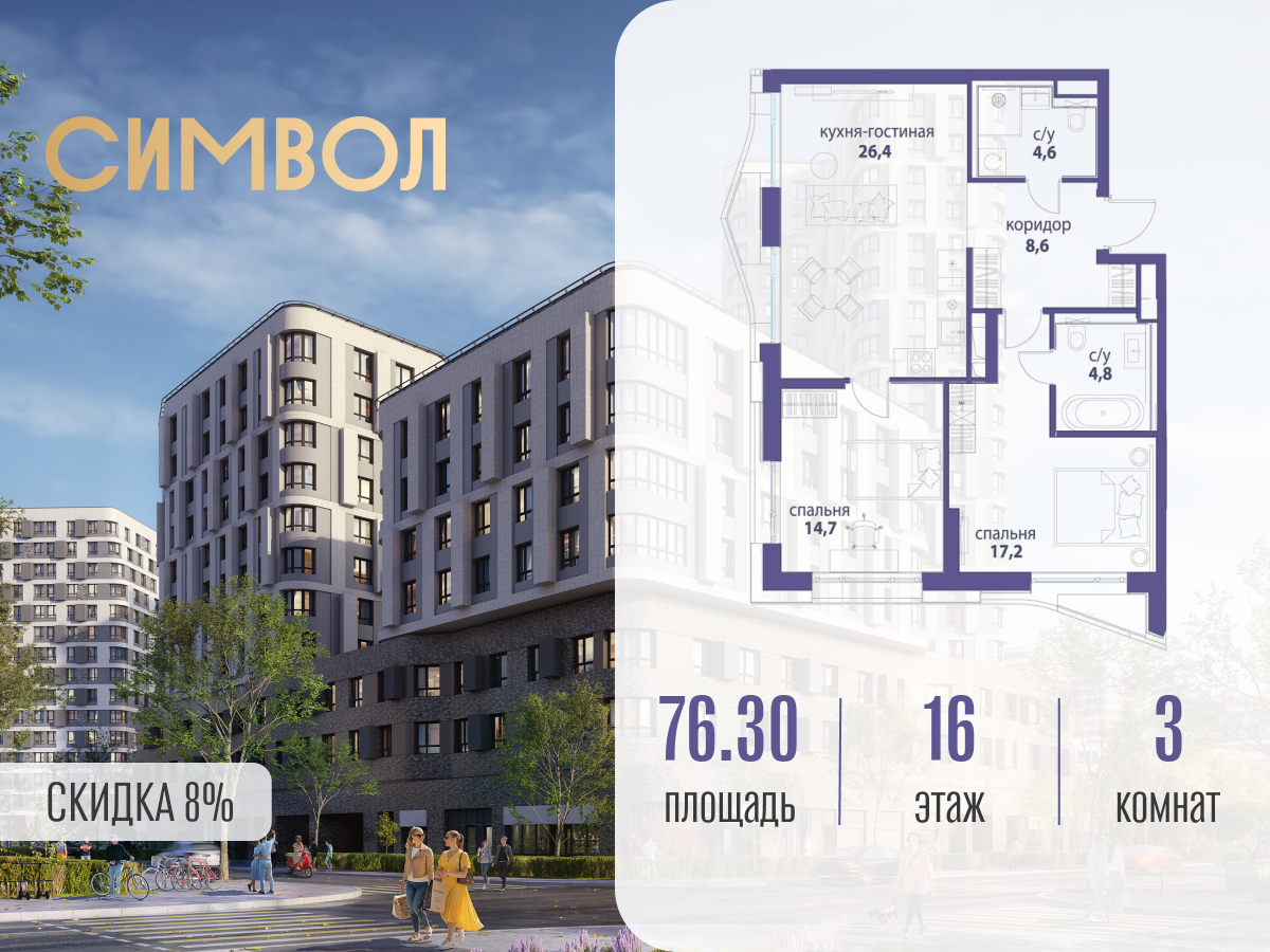 Планировка 3-комнатная квартира в ЖК "Символ"