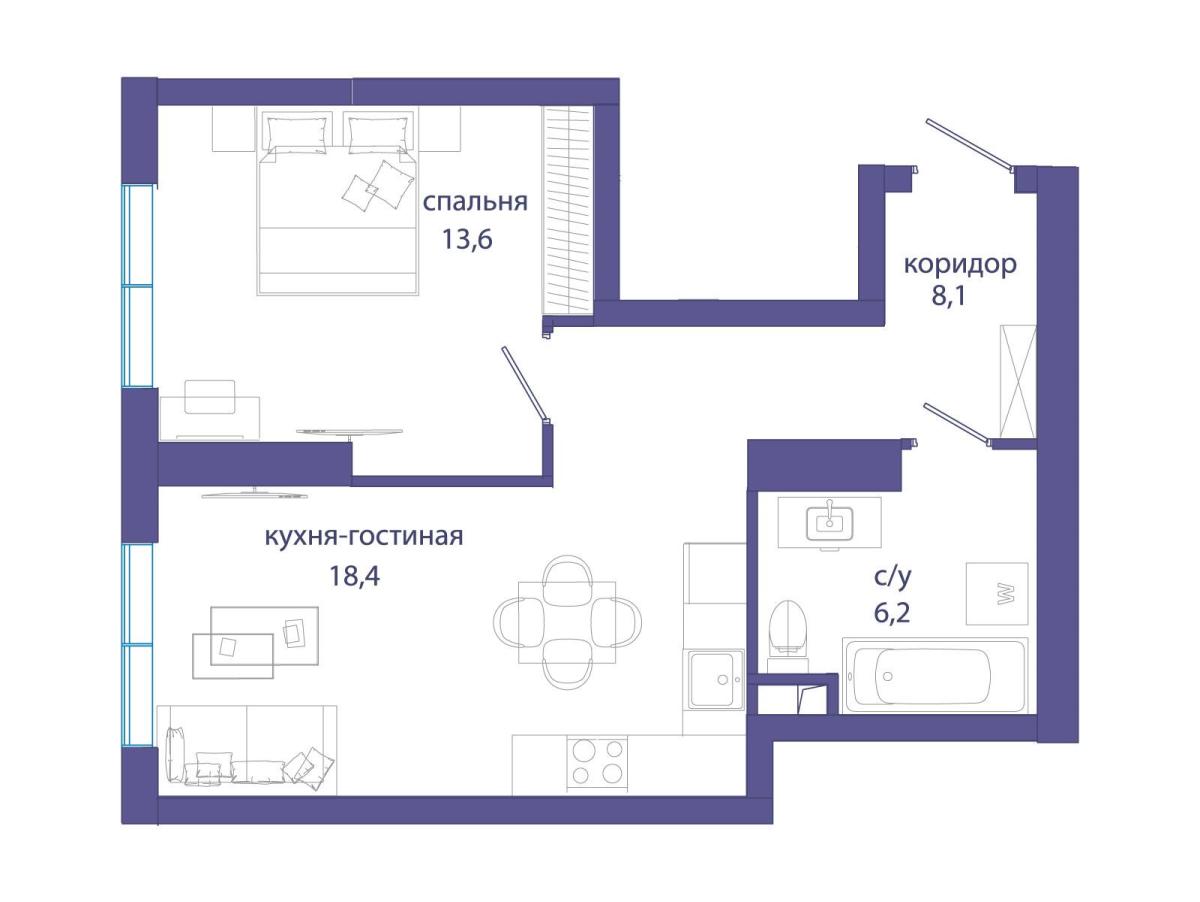 Планировка 1-комнатная квартира в ЖК "Событие"