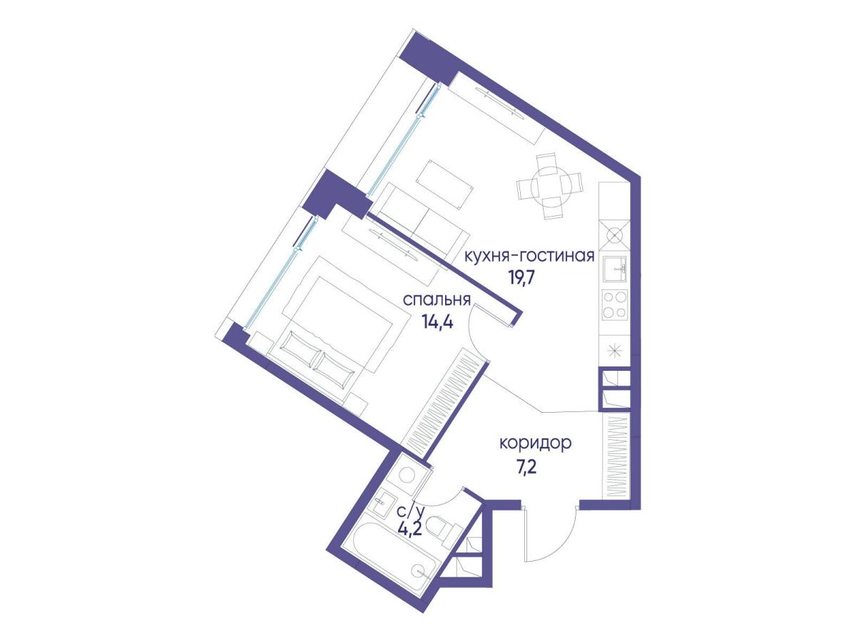 Планировка 1-комнатная квартира в ЖК "Остров"
