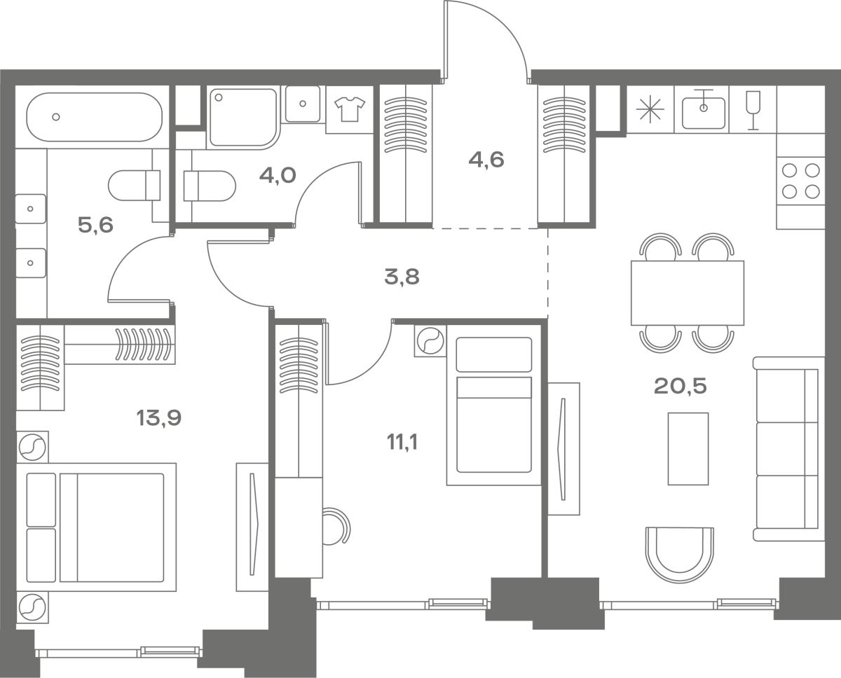 Планировка 2-комнатная квартира в ЖК Soul (Соул)