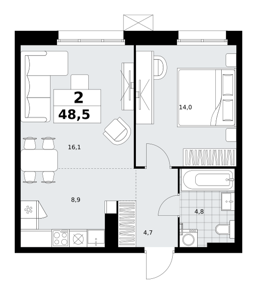 Планировка 2-комнатная квартира в ЖК "Дзен-кварталы"