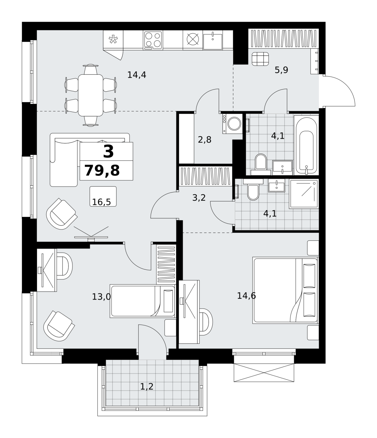 Планировка 3-комнатная квартира в ЖК "Дзен-кварталы"