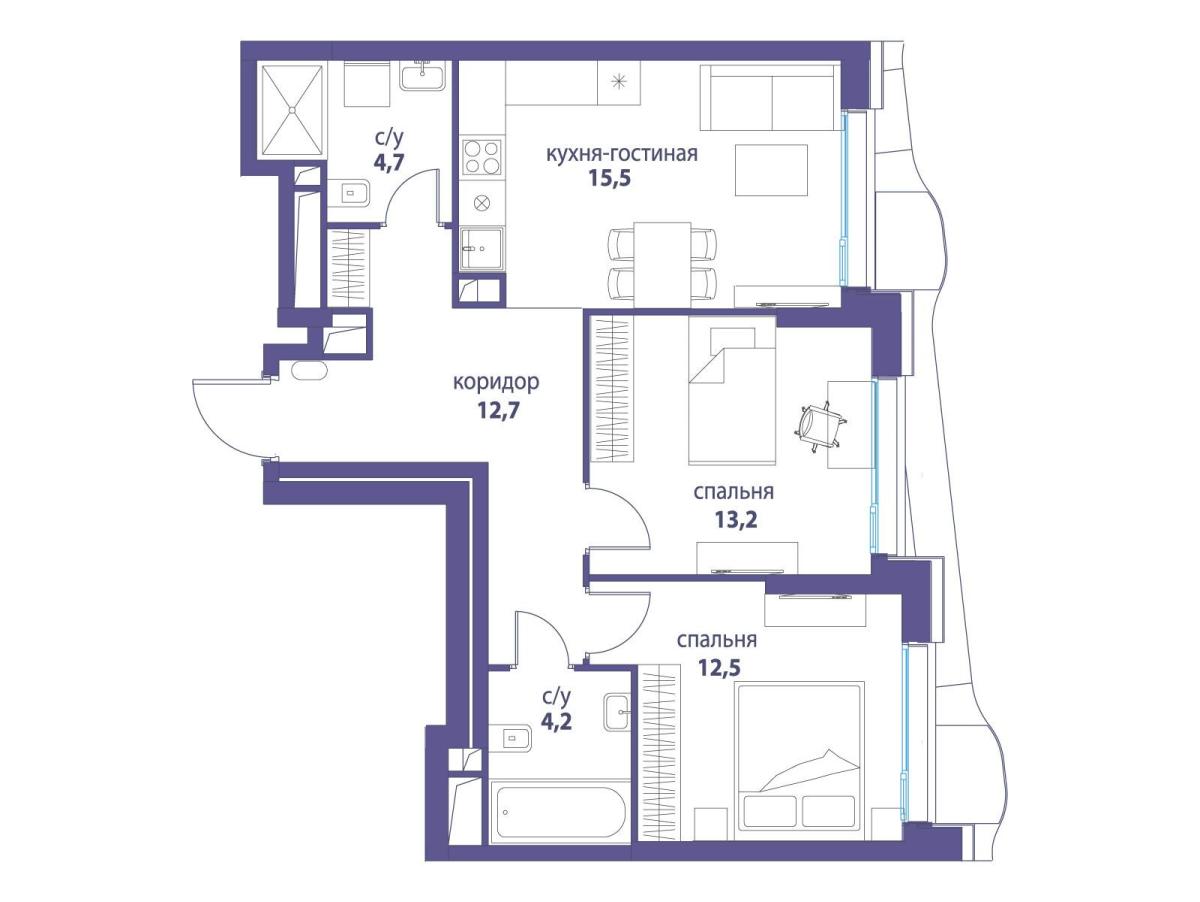 Планировка 2-комнатная квартира в ЖК "Символ"