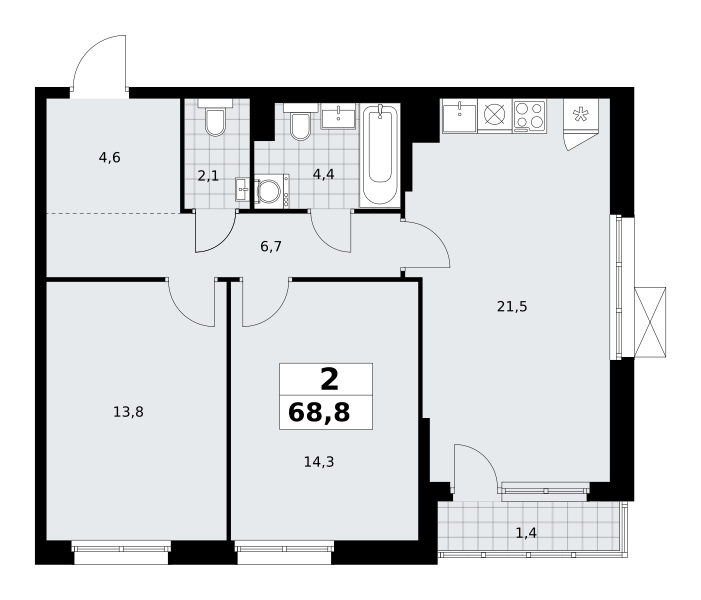 Планировка 2-комнатная квартира в ЖК "Прокшино"