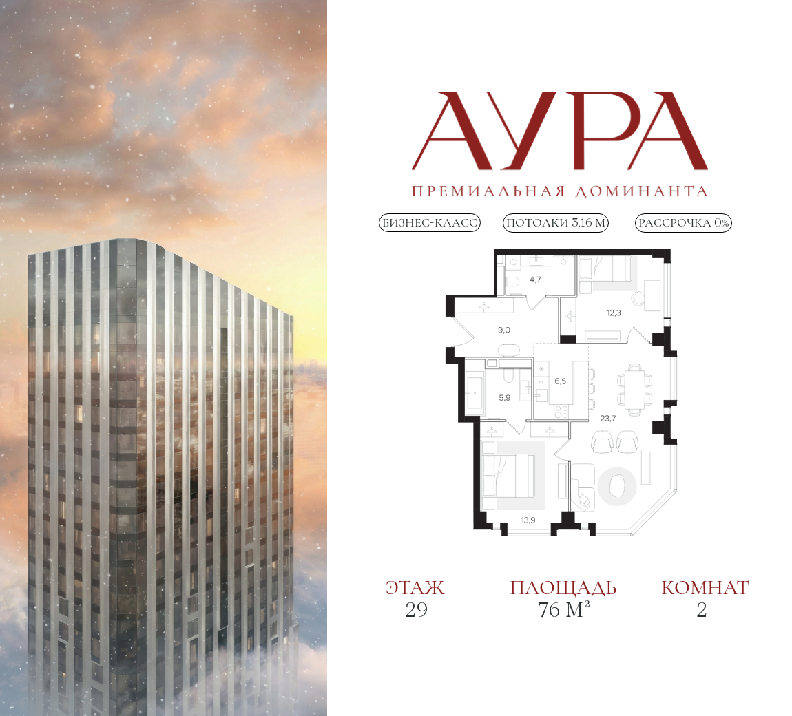 Планировка 2-комнатная квартира в ЖК "АУРА" (Мангазея на Тульской)