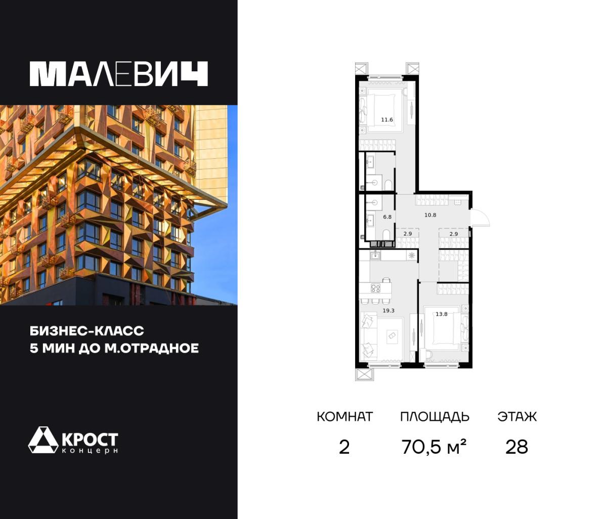 Планировка 2-комнатная квартира в ЖК "Малевич"