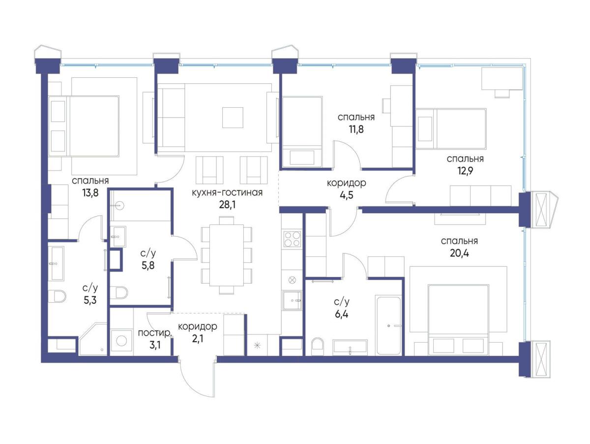 Планировка 4-комнатная квартира в ЖК "Остров"