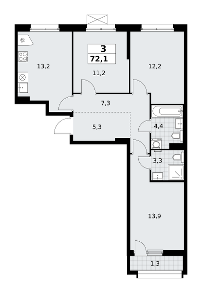 Планировка 3-комнатная квартира в ЖК "Прокшино"