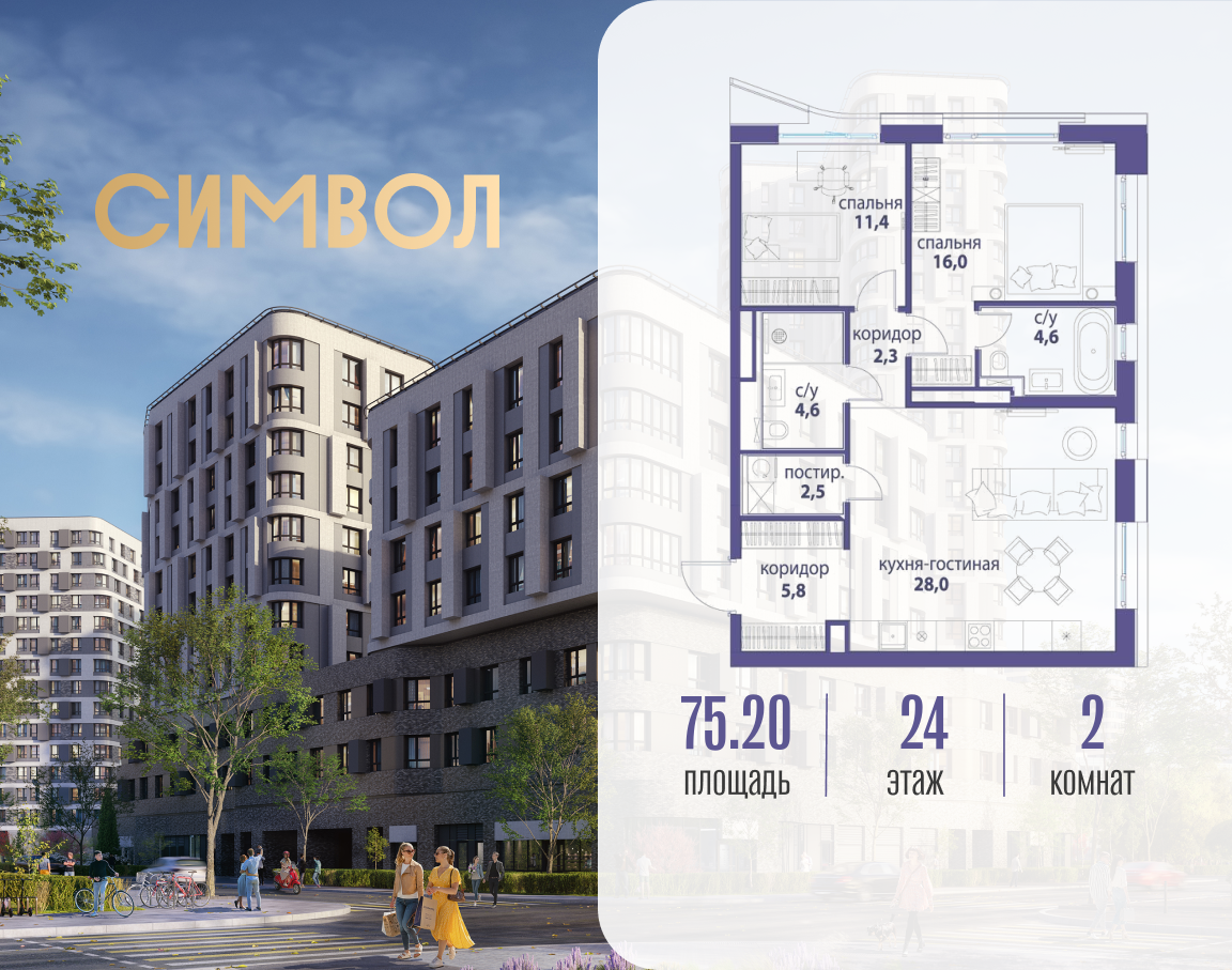 Планировка 2-комнатная квартира в ЖК "Символ"
