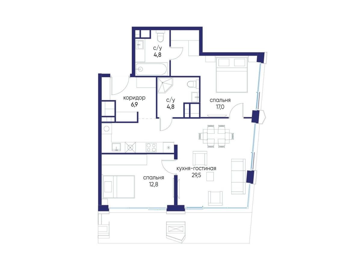 Планировка 2-комнатная квартира в ЖК "Остров"