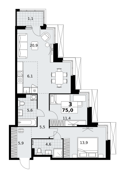 Планировка 3-комнатная квартира в ЖК "Дзен-кварталы"
