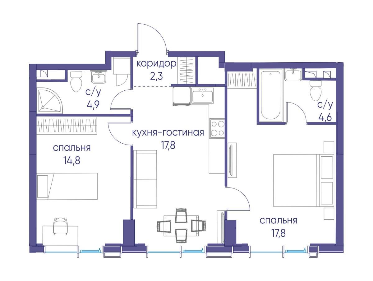 Планировка 2-комнатная квартира в ЖК "Событие"