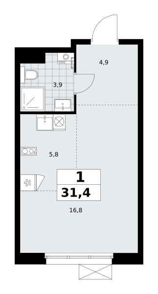 Планировка 1-комнатная квартира в ЖК "Прокшино"
