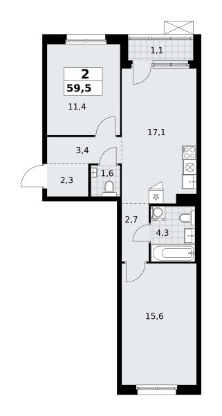 Планировка 2-комнатная квартира в ЖК "Прокшино"