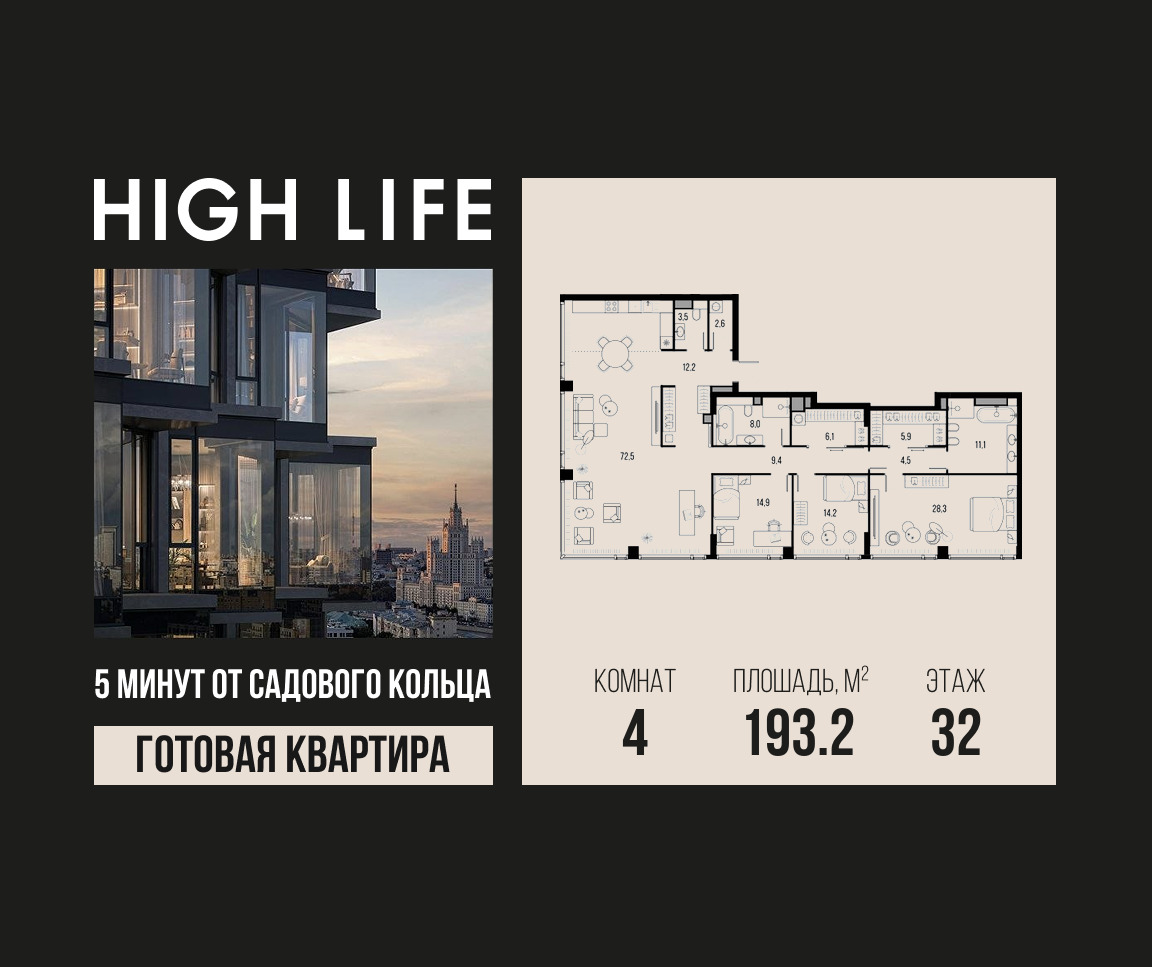 Планировка 4-комнатная квартира в ЖК "Хай Лайф" (High Life)