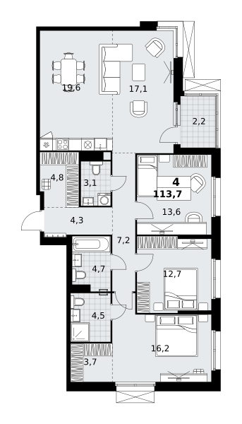 Планировка 4-комнатная квартира в ЖК "Дзен-кварталы"