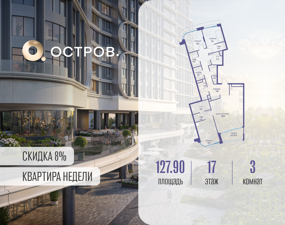 Планировка 3-комнатная квартира в ЖК "Остров"