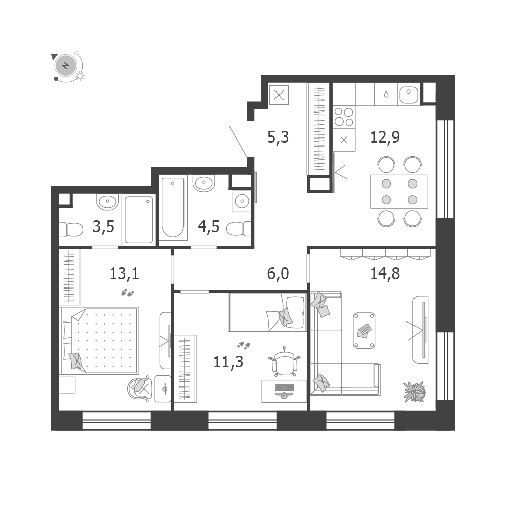 Планировка 3-комнатная квартира в ЖК Shagal (Шагал)