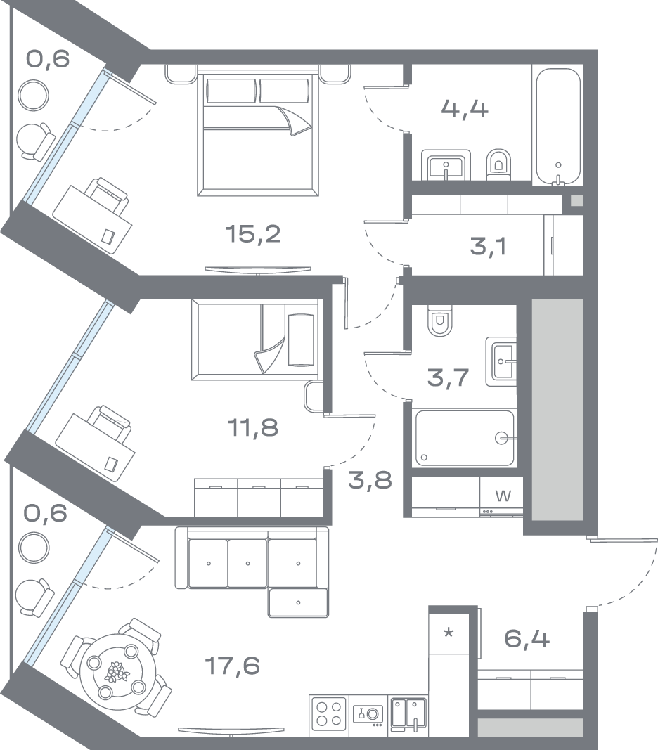 Планировка 2-комнатная квартира в ЖК "Дом Горизонтов"