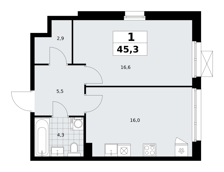 Планировка 1-комнатная квартира в ЖК "Прокшино"