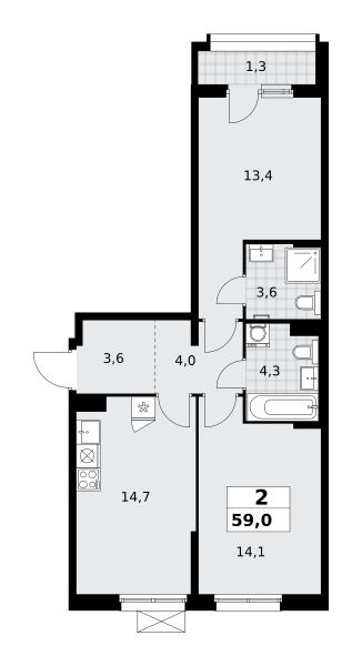Планировка 2-комнатная квартира в ЖК "Прокшино"