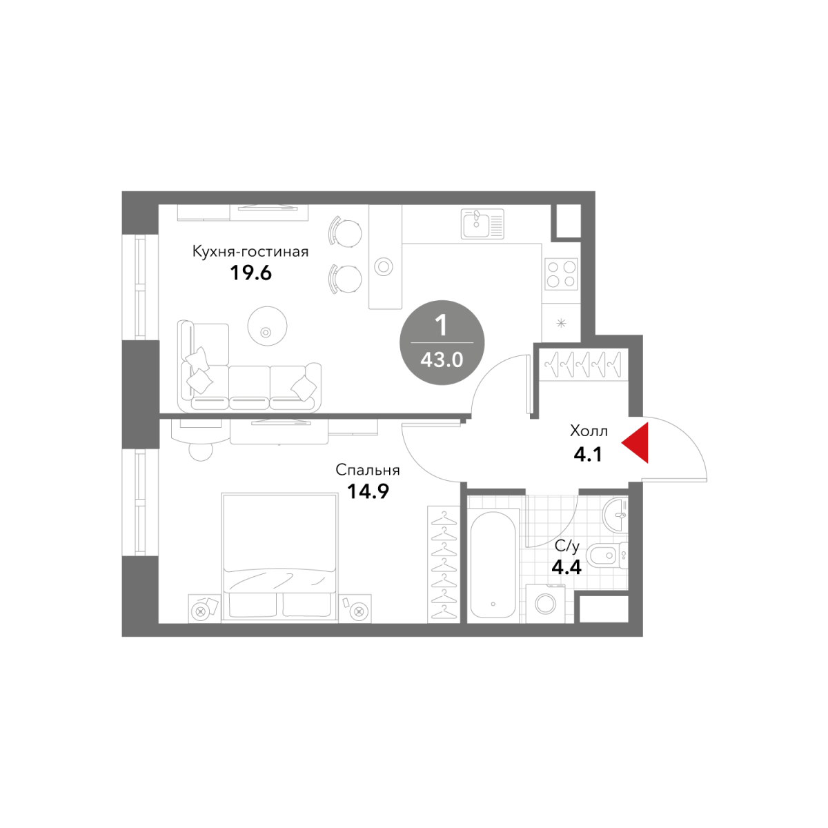Планировка 1-комнатная квартира в ЖК Voxhall (Воксхолл)