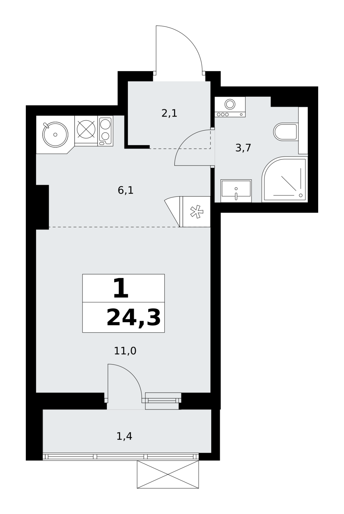 Планировка 1-комнатная квартира в ЖК "Бунинские Кварталы"