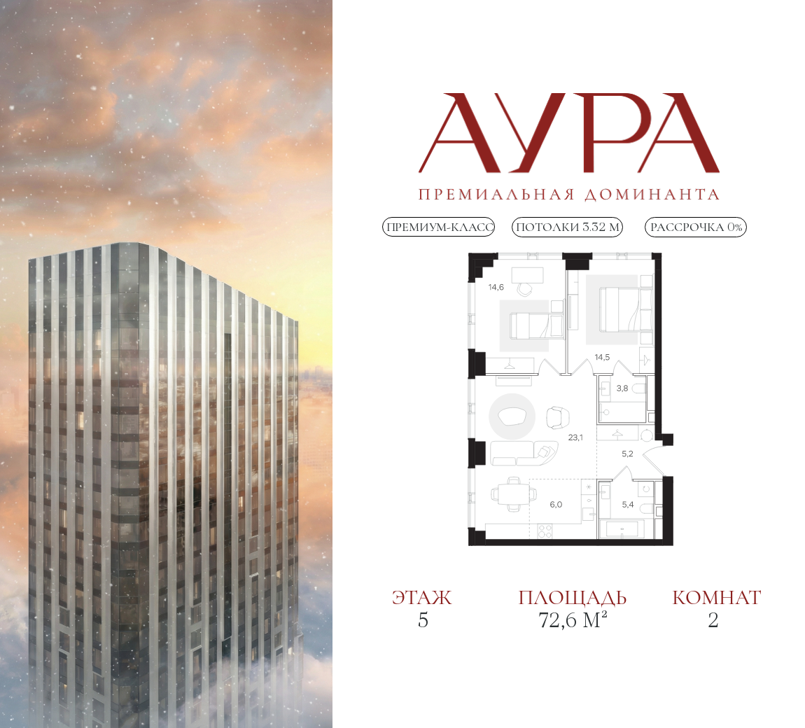 Планировка 2-комнатная квартира в ЖК "АУРА" (Мангазея на Тульской)