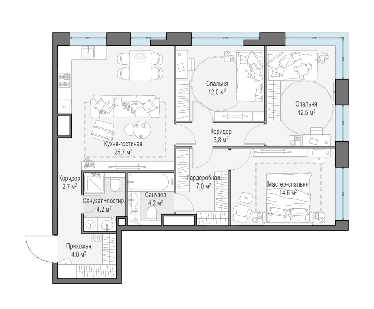 Планировка 4-комнатная квартира в ЖК West Garden (Вест Гарден)