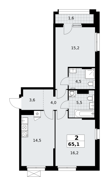Планировка 2-комнатная квартира в ЖК "Прокшино"