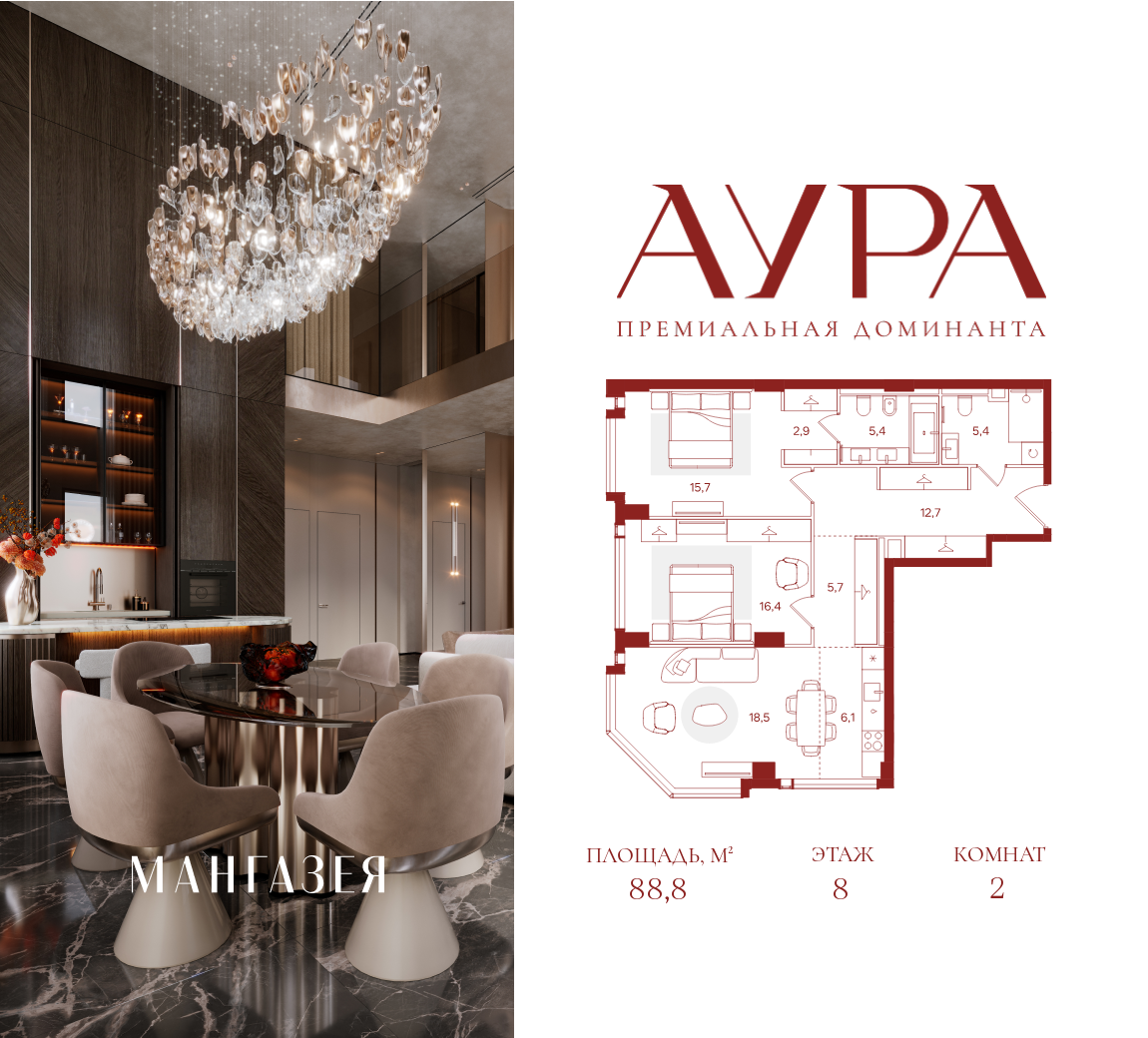 Планировка 2-комнатная квартира в ЖК "АУРА" (Мангазея на Тульской)