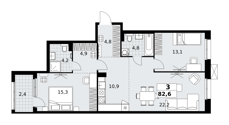 Планировка 3-комнатная квартира в ЖК "Дзен-кварталы"