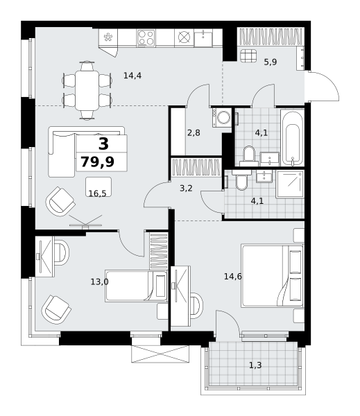 Планировка 3-комнатная квартира в ЖК "Дзен-кварталы"