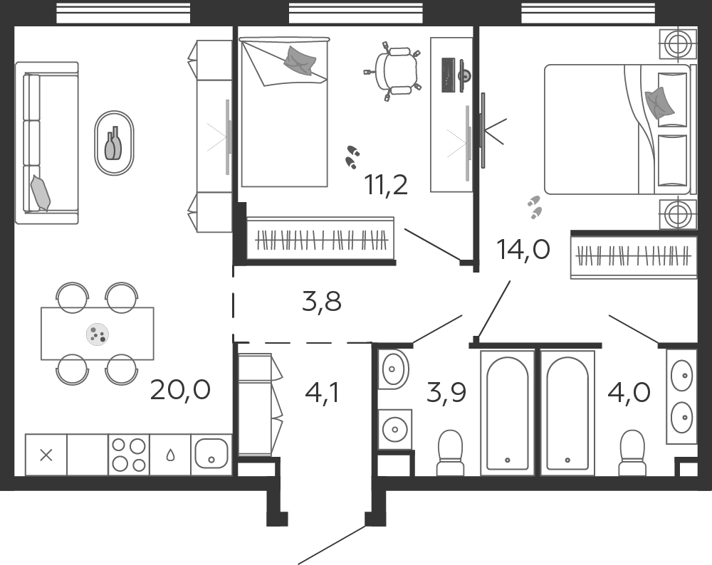 Планировка 2-комнатная квартира в ЖК Shagal (Шагал)