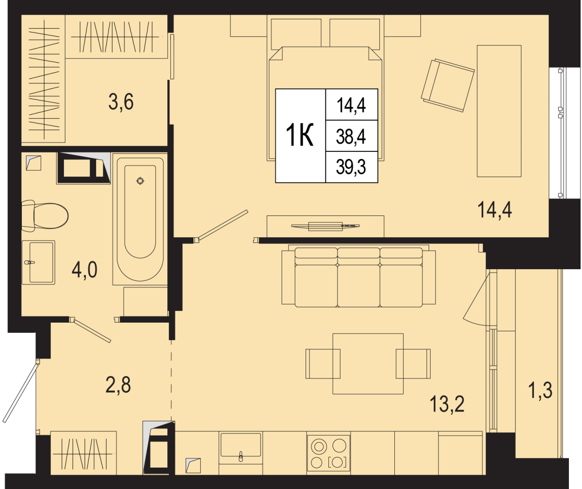Планировка 1-комнатная квартира в ЖК "Новая Щербинка"