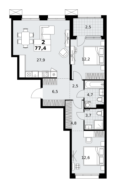 Планировка 2-комнатная квартира в ЖК "Дзен-кварталы"