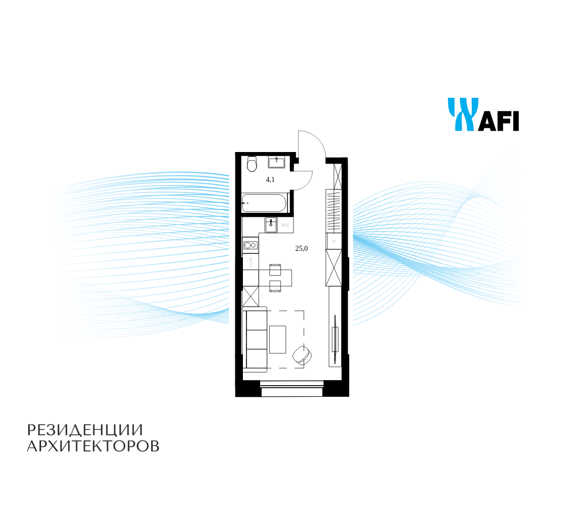 Планировка Студийная планировка в ЖК "Резиденции Архитекторов"