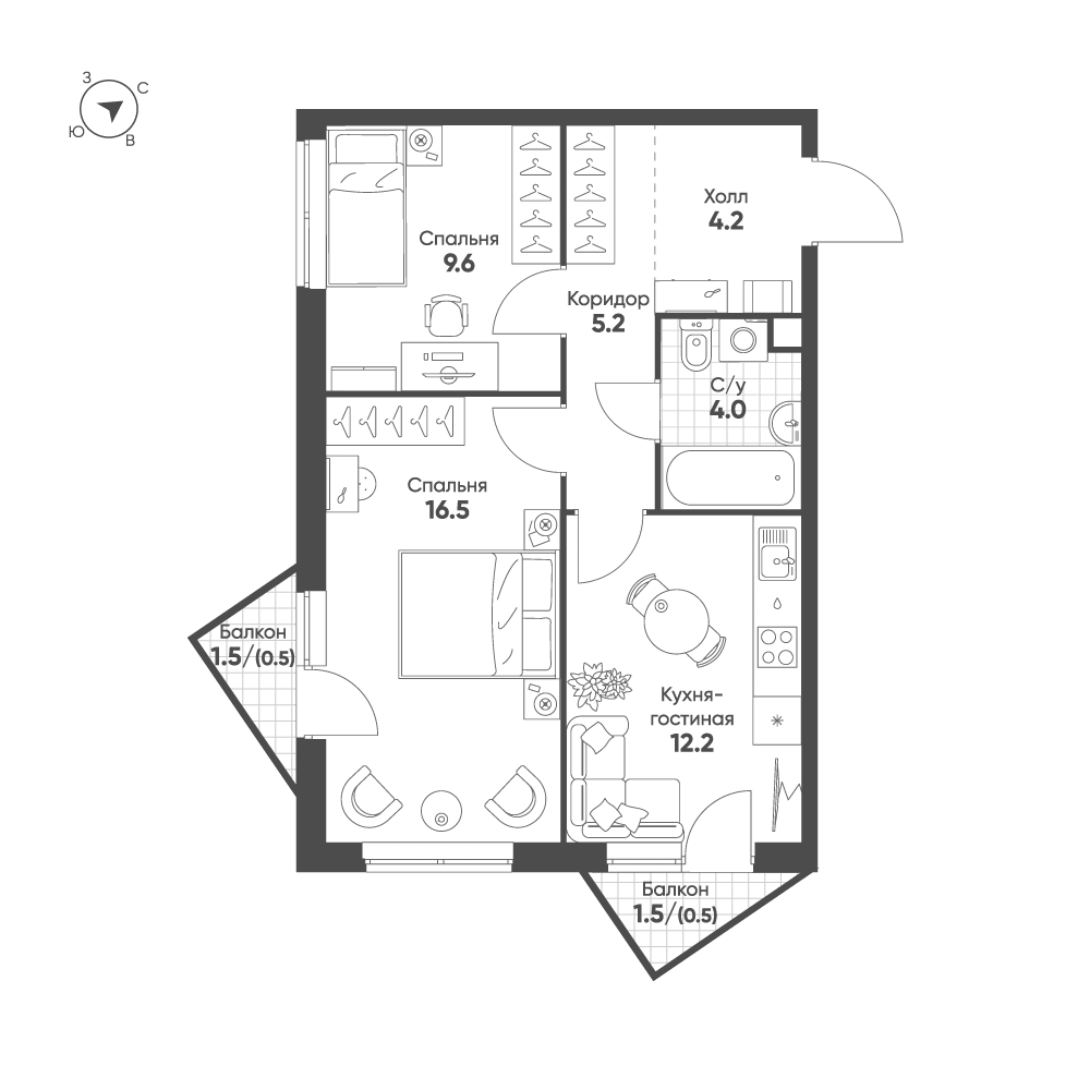 Планировка 2-комнатная квартира в ЖК Sokolinn Park (Соколинн Парк)