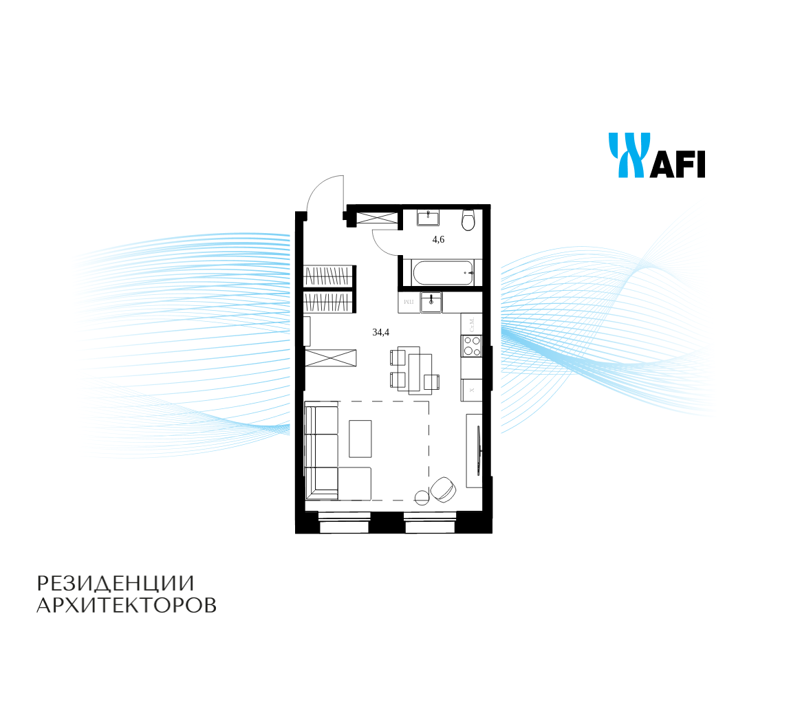 Планировка 1-комнатная квартира в ЖК "Резиденции Архитекторов"